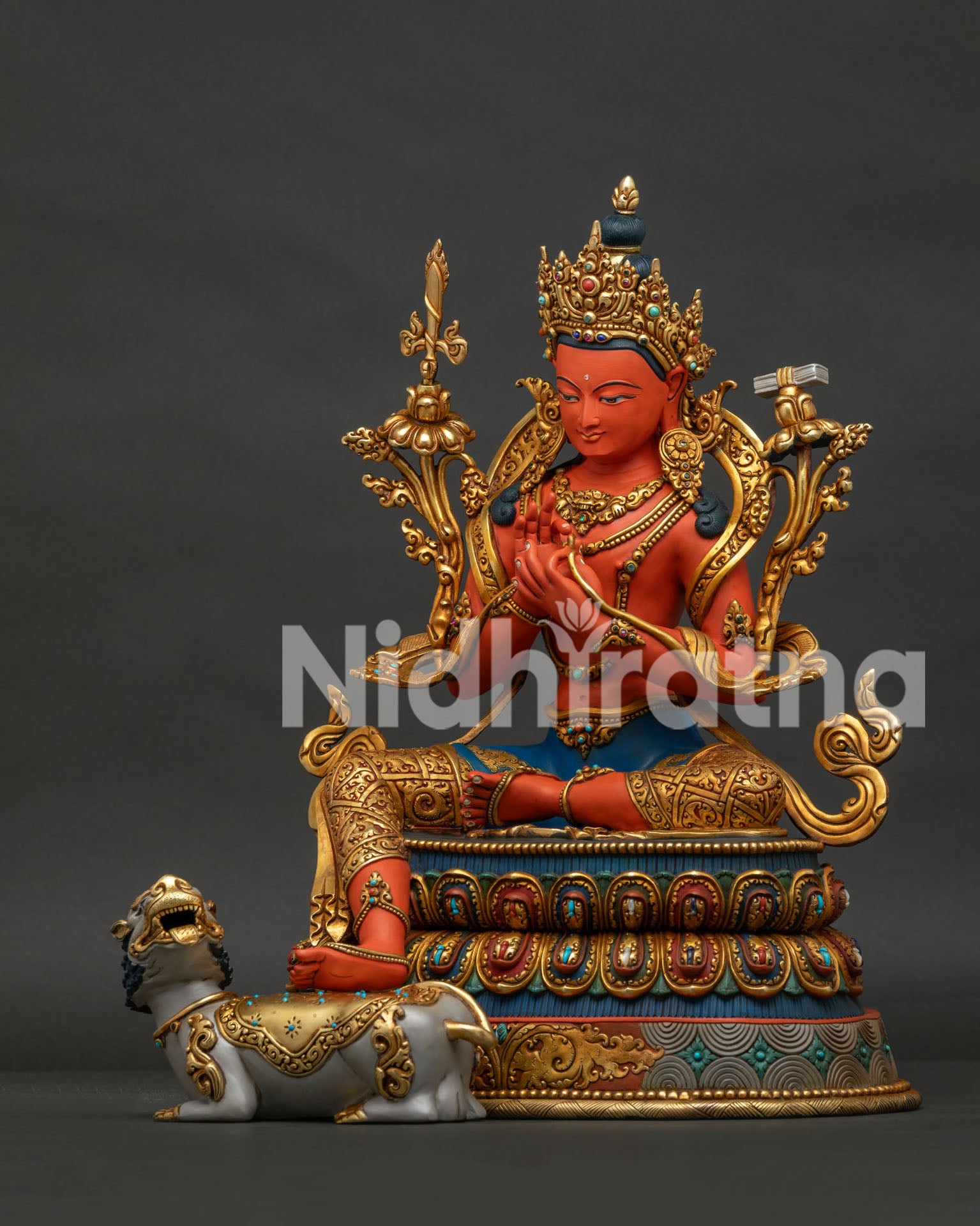 Tikshna Manjushri statue front view, handcrafted copper sculpture from Nepal
