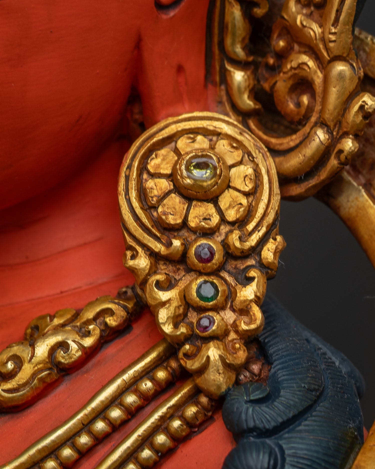 Tikshna Manjushri statue gold armlet and gemstone jewelry closeup