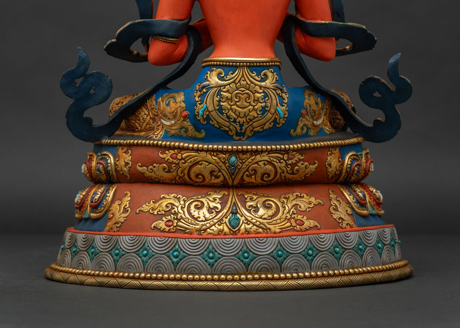 Tikshna Manjushri statue lotus throne base with gemstone inlay detail