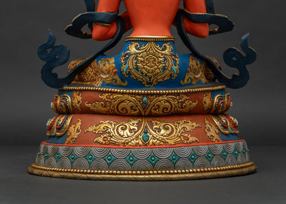 Tikshna Manjushri statue lotus throne base with gemstone inlay detail