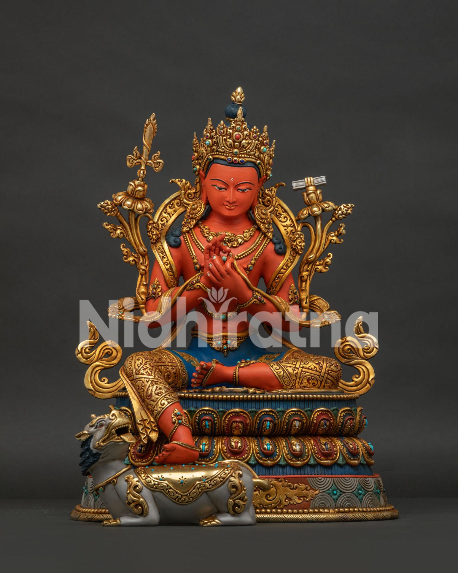 Tikshna Manjushri statue seated in lalitasana with gold crown on lotus throne with snow lion