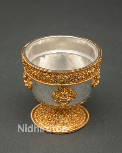 Top view water offering bowl set displaying symmetrical arrangement of seven ritual vessels with gold silver plated finish