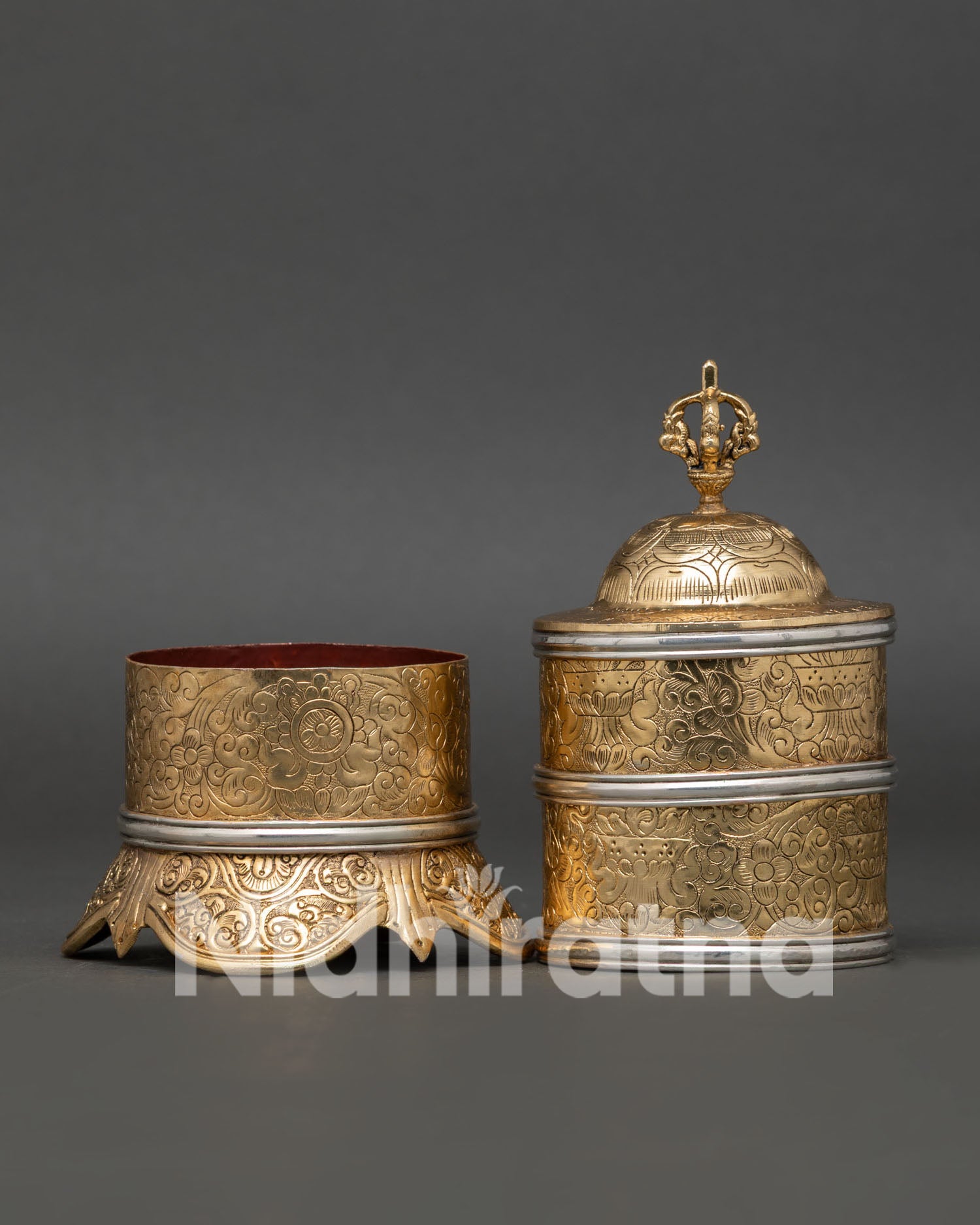 Traditional Buddhist Neshi Rice Pot with Floral Engravings and Auspicious Symbols