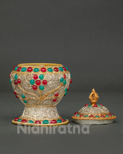Traditional Buddhist offering pot with handcrafted half vajra handle