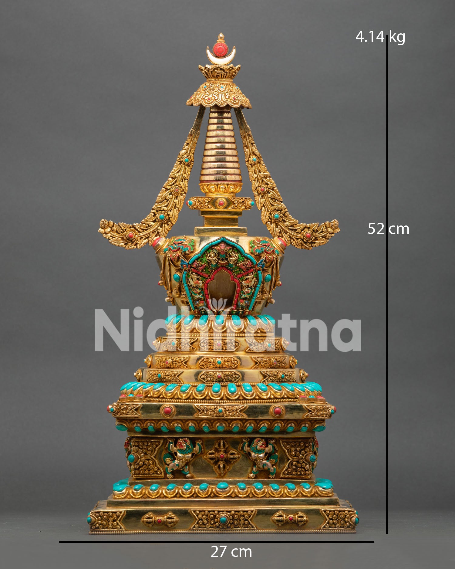 Traditional Buddhist Stupa, handcrafted by Newari artisans with gold-plated copper and semi-precious stones