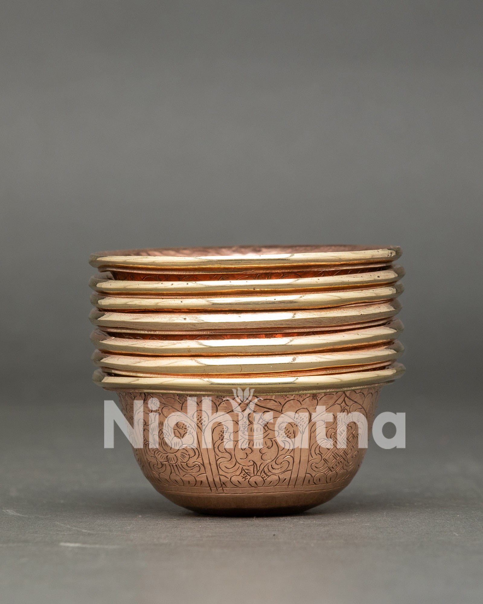 Traditional Copper Seven Water Offering Bowl set newari craftsmanship patan nepal himalayan buddhist puja ceremony altar offering