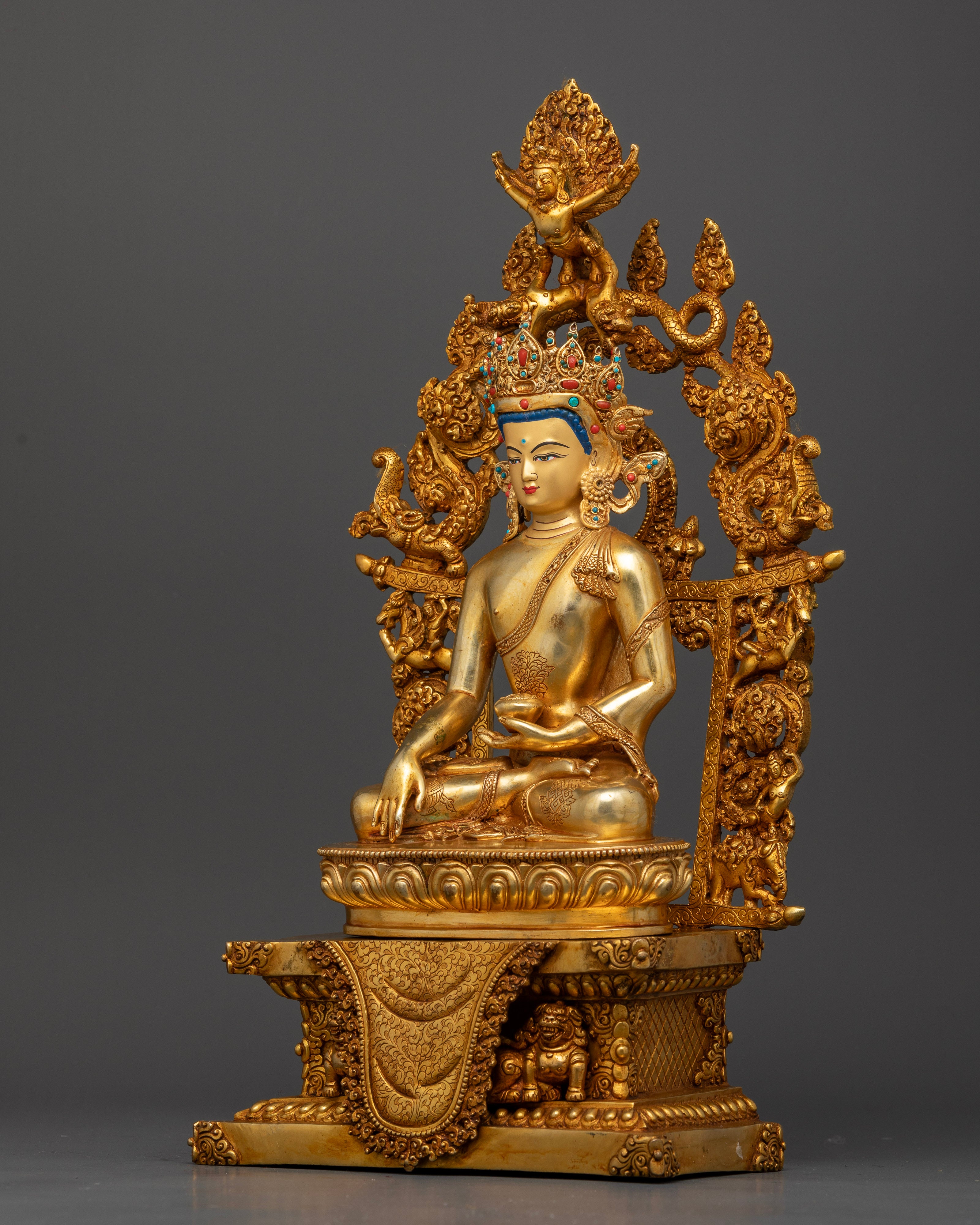 Traditional Crowned Shakyamuni Buddha Statue Featuring Ornate Throne Buddhist Figures and Gold Fire Gilding