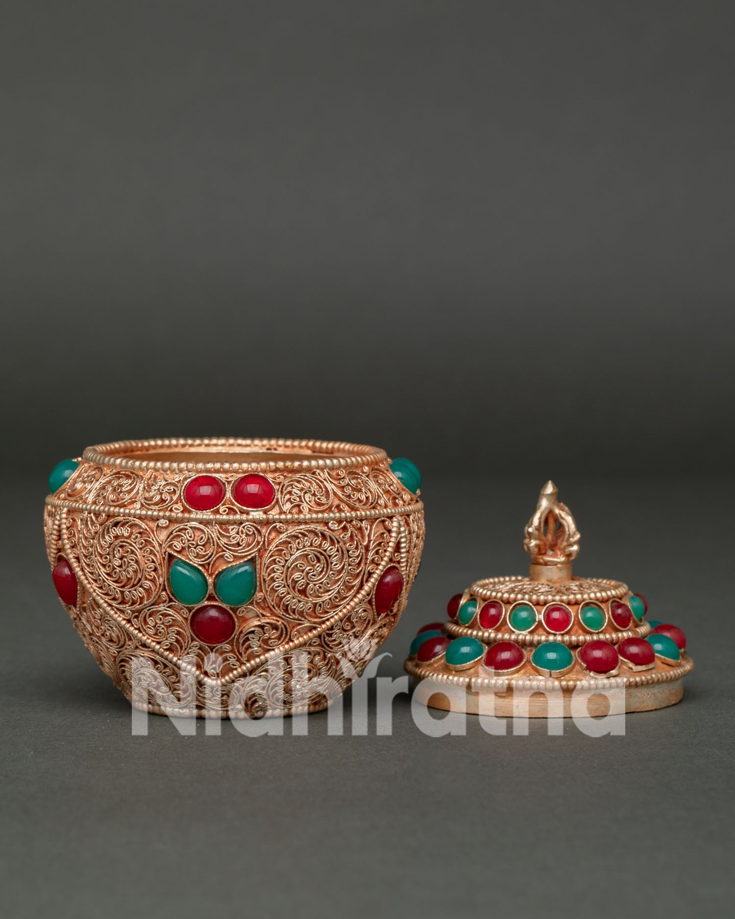 Traditional Himalayan Buddhist Neshi Rice Pot with Intricate Filigree and Gold Plating