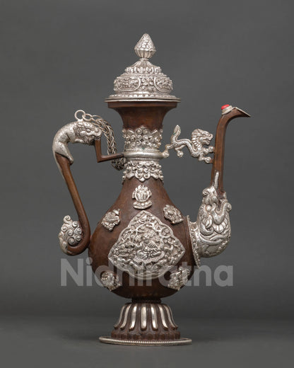 Traditional Himalayan Ritual Tea Pot handcrafted from copper with oxidized and silver plated finish