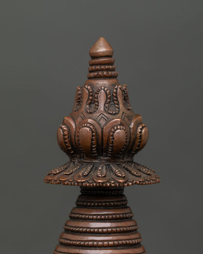 Traditional Kadampa Buddhist Stupa with stepped harmika and bell shaped base.