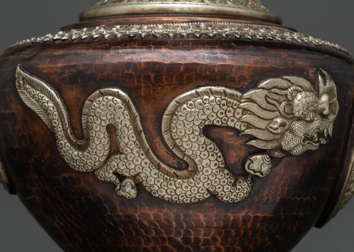 Traditional Nepalese Teapot with handcrafted metalwork and decorative dragon motifs