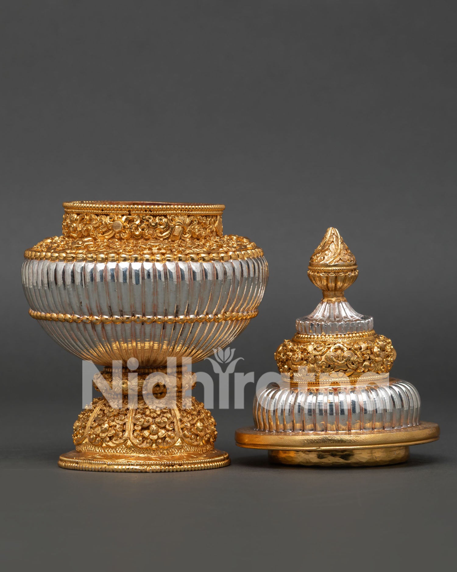 Traditional Neshi Rice Pot with Floral Engravings for Buddhist Altar Offerings