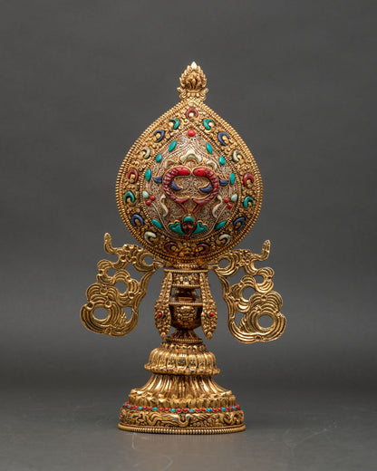 Traditional Newari handcrafted Astamangala Set featuring copper and gold-plated eight auspicious symbols of Buddhism