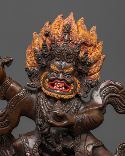 Traditional Newari Mahakala Bernagchen sculpture with wrathful expression and acrylic details