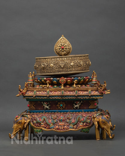 Traditional Tibetan Buddhist Mandala Offering Set with colorful acrylic detailing