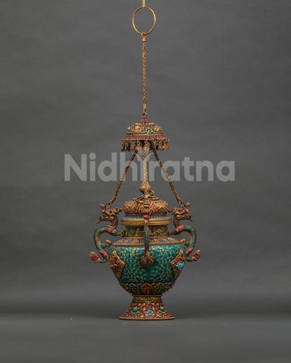 Traditional Tibetan Sangbur for sang offerings with dragon handle and Buddhist design