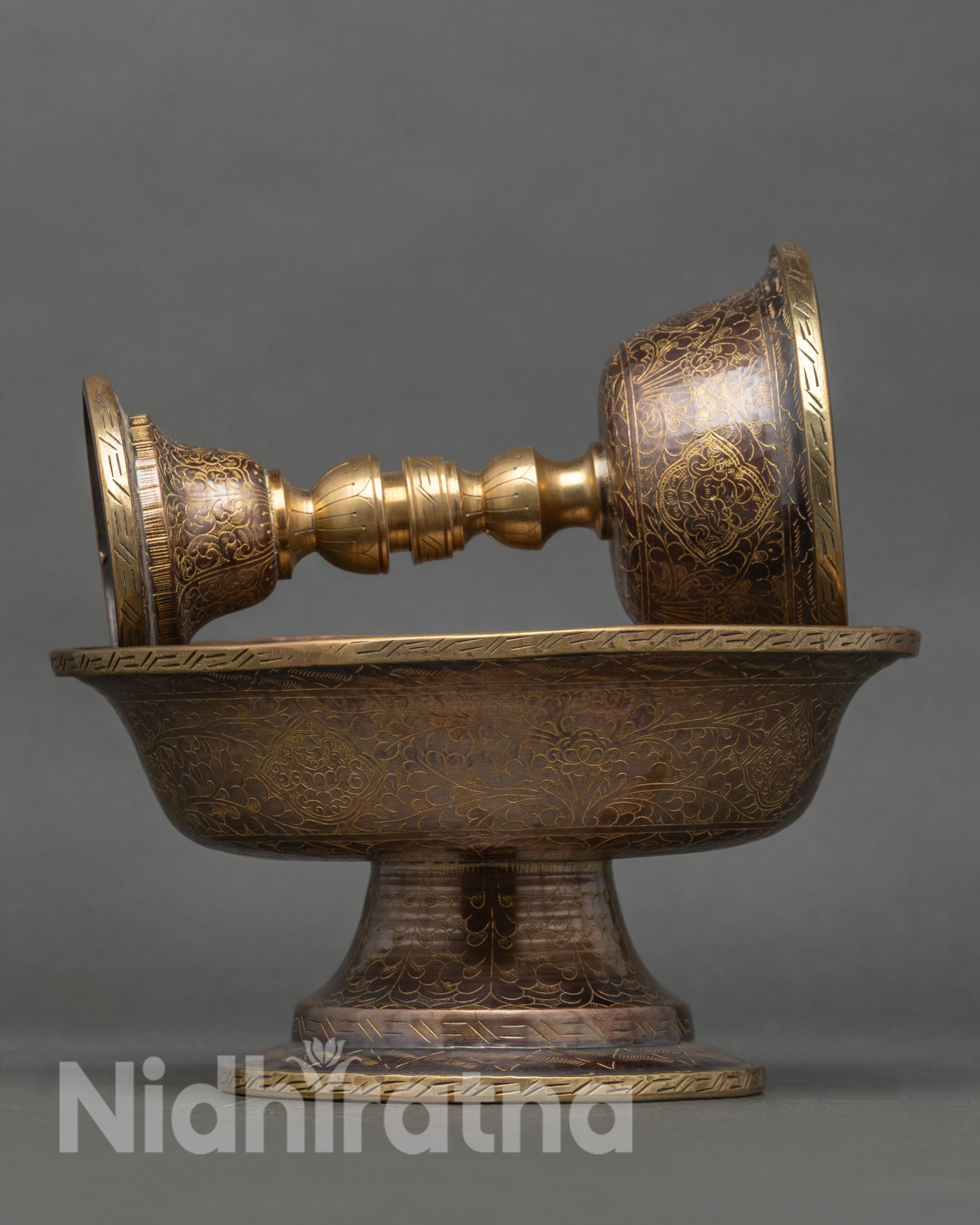 Traditional Tibetan Serkyem ritual vessel, crafted by Newari artisans with copper finish