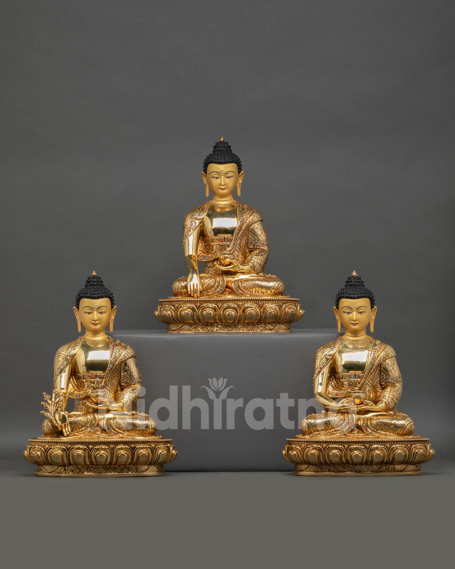 trio buddha set front view gold gilded nepalese handmade spiritual statues