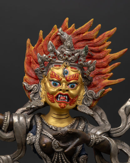 Troma Nagmo statue close up view three eyed gold gilded face five skull crown Chod practice sacred Buddhist art