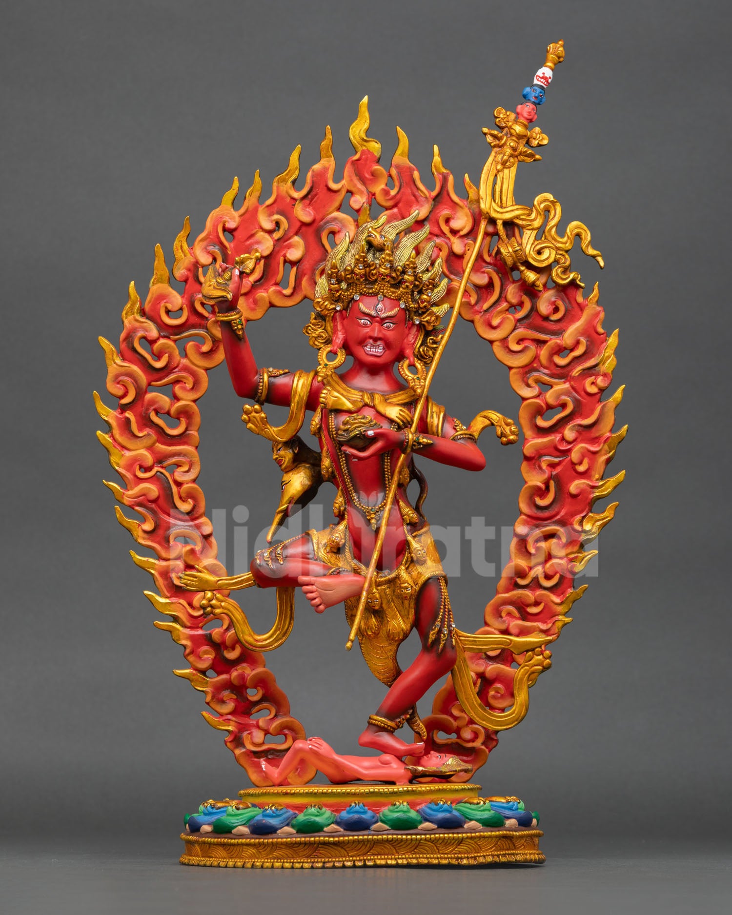 Troma Nagmo statue front view, copper Nepal Buddhist art, gold gilded, halo