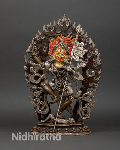 Troma Nagmo statue front view wrathful dakini Tibetan protector copper sculpture oxidized silver finish Nepal