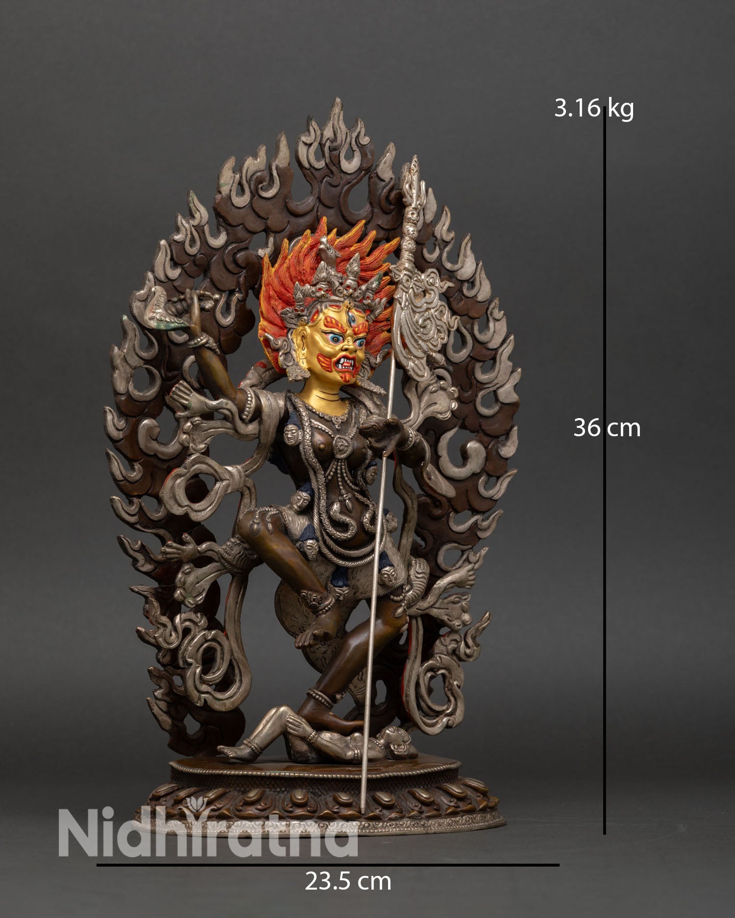 Troma Nagmo statue side view Kartika knife skull cup trident lotus seat lost wax casting Himalayan craftsmanship