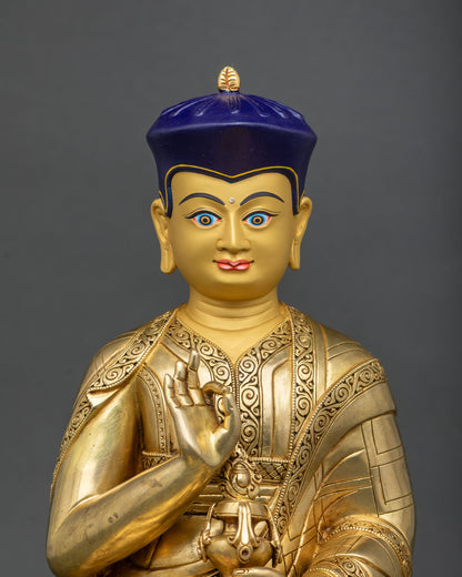 Tsangpa Gyare Statue close-up, gold-gilded copper Drukpa Kagyu founder detail