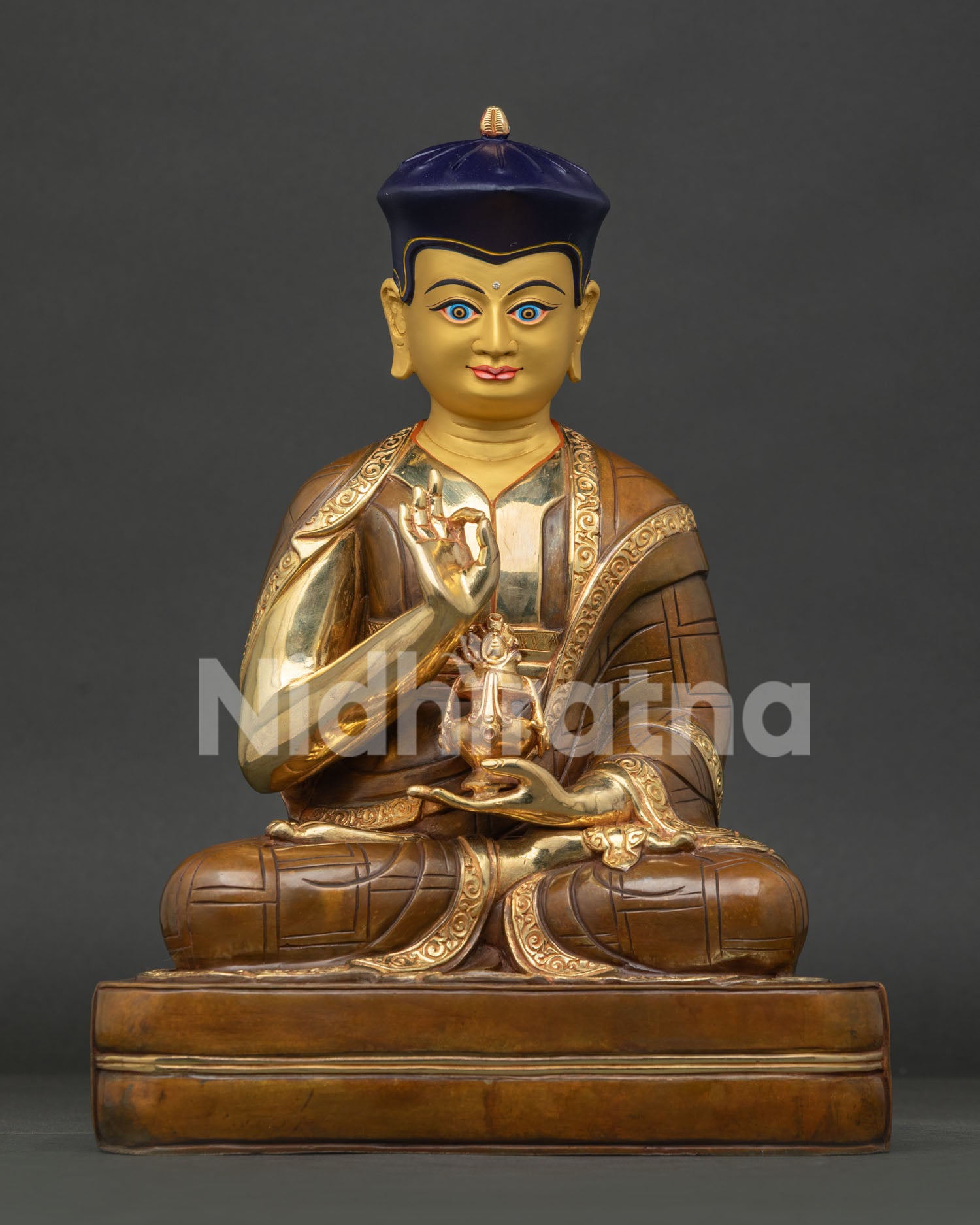 Tsangpa Gyare Statue Seated on Throne with Gold Gilded Details, Made in Nepal