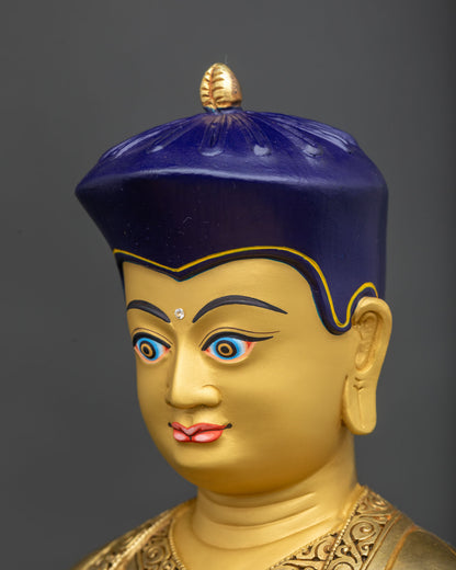 Tsangpa Gyare Statue side face close-up, blue crown and gold face detail