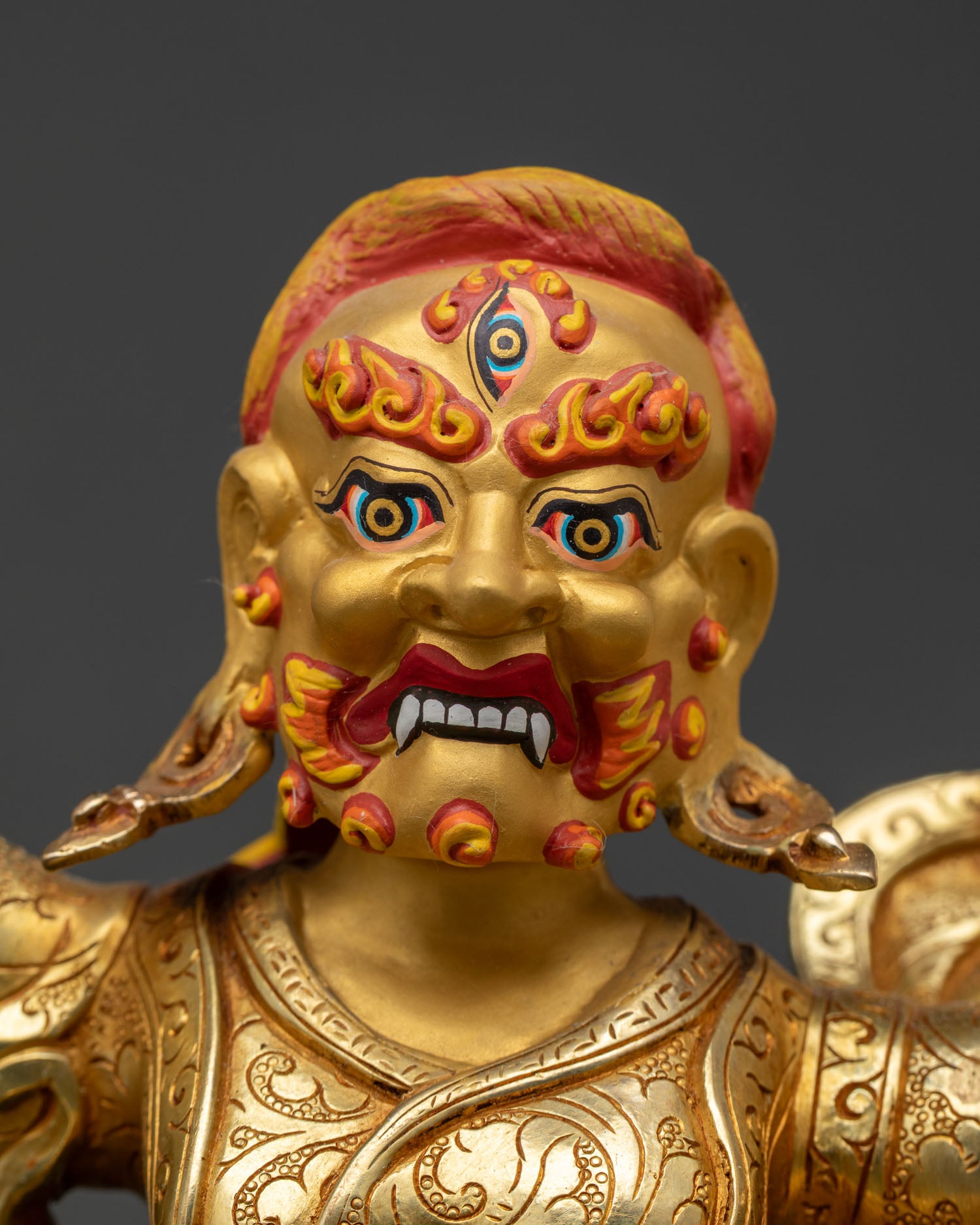 Tsiu Marpo Statue Detailed Face Close Up Gold Painted Wrathful Expression