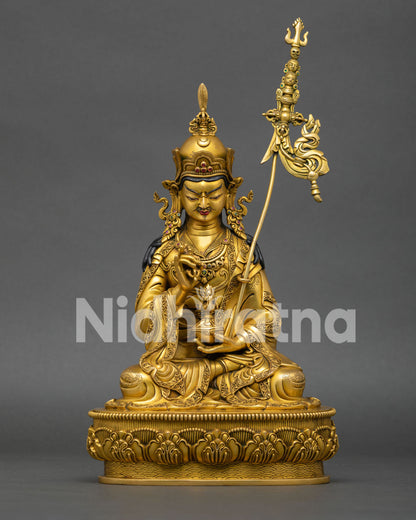 Tsokye Dorje Statue 24K Gold Fire-Gilded Copper Alloy Buddhist Figurine on Lotus Throne — 34cm Handcrafted Guru Rinpoche Sculpture