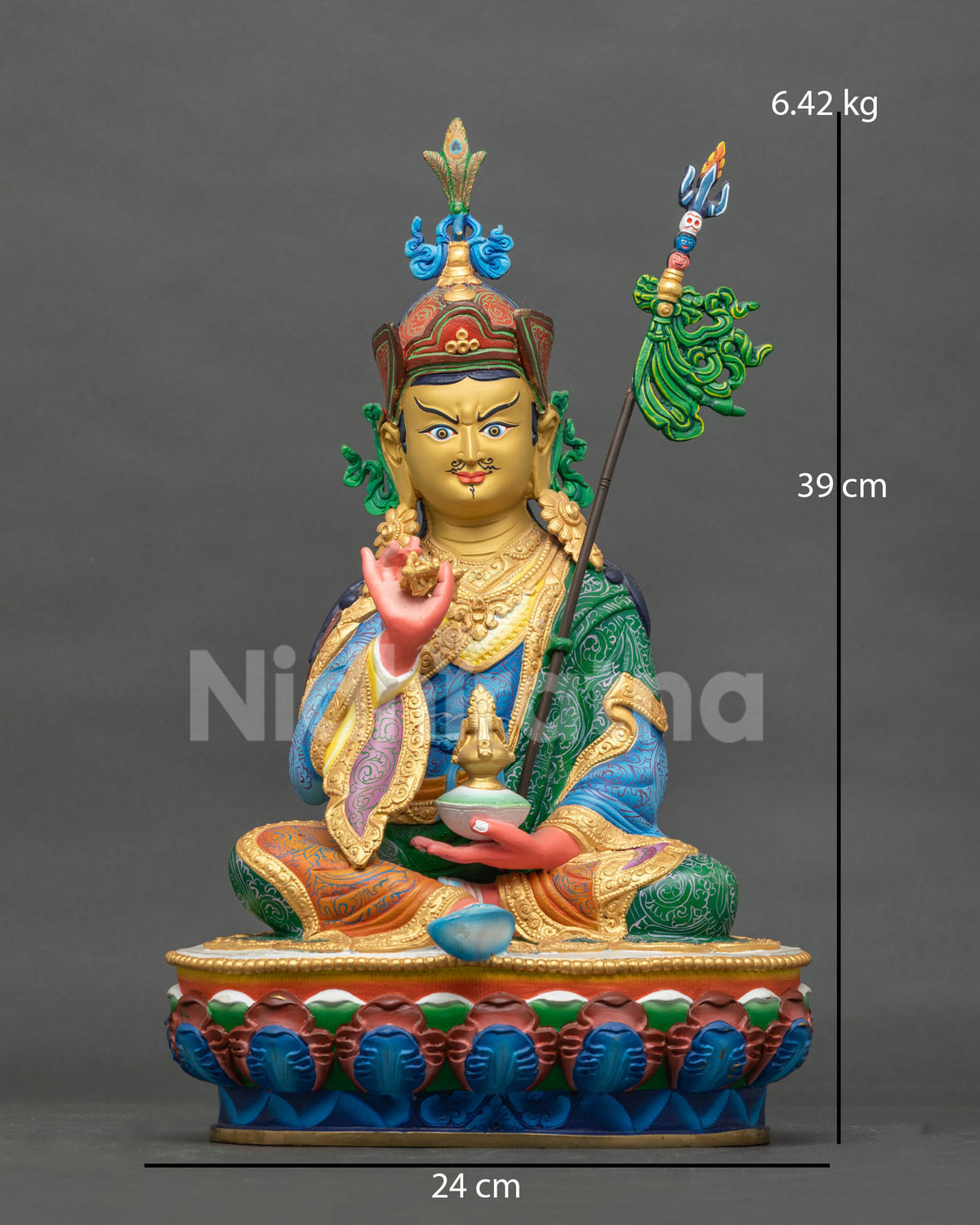 Tsokye Dorje statue crafted from copper with a 24K gold painted face and multicolor lotus pedestal.