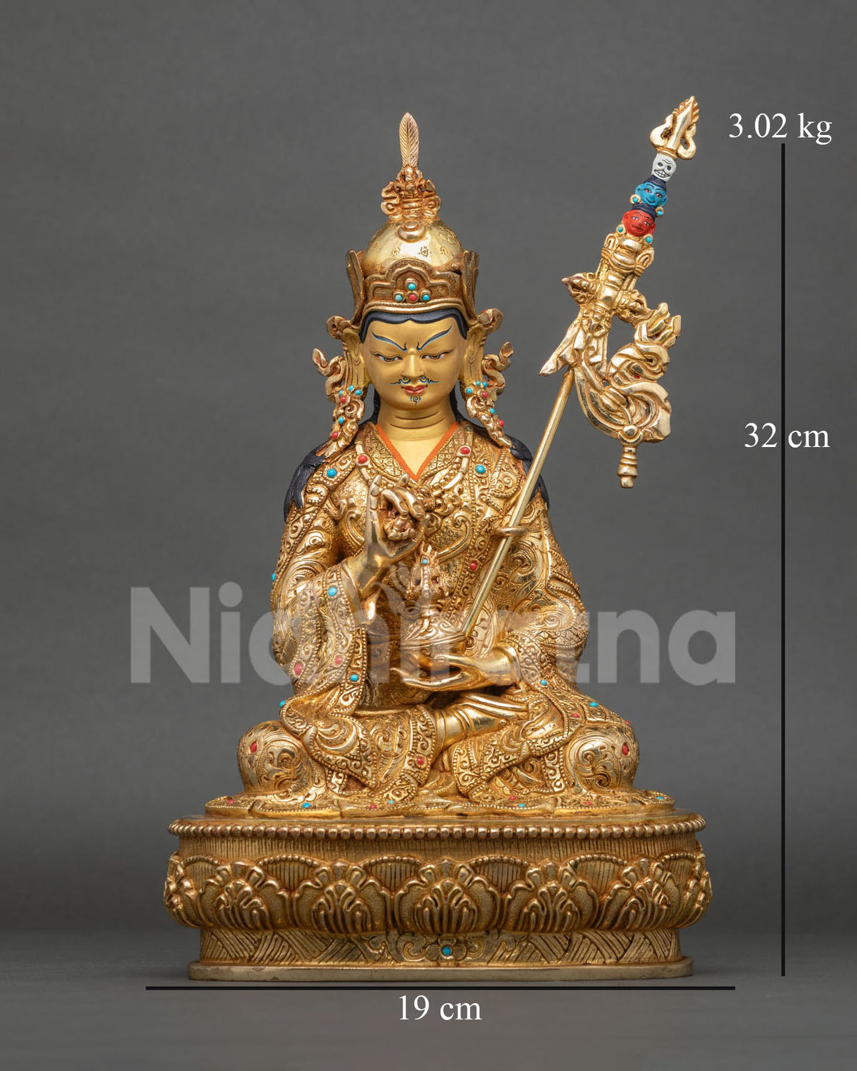 Tsokye Dorje statue front view, 24K gold-gilded copper Lake-Born Vajra Guru Rinpoche figurine