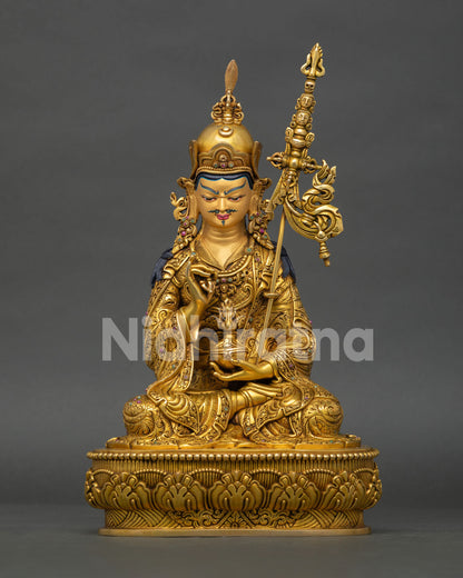 Tsokye Dorje statue, handcrafted in Nepal with 24K gold fire gilding, lotus throne, and semi precious stones