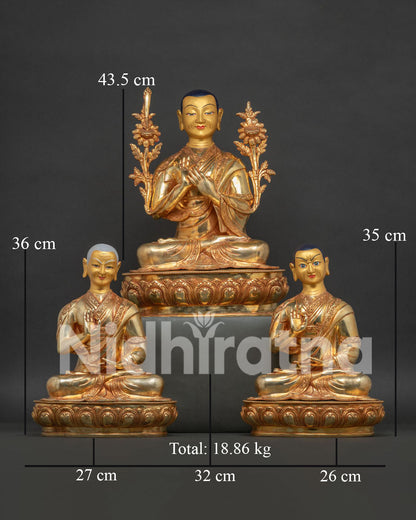Tsongkhapa set statue with Gyaltsab Je and Khedrup Je in 24K gold gilded copper