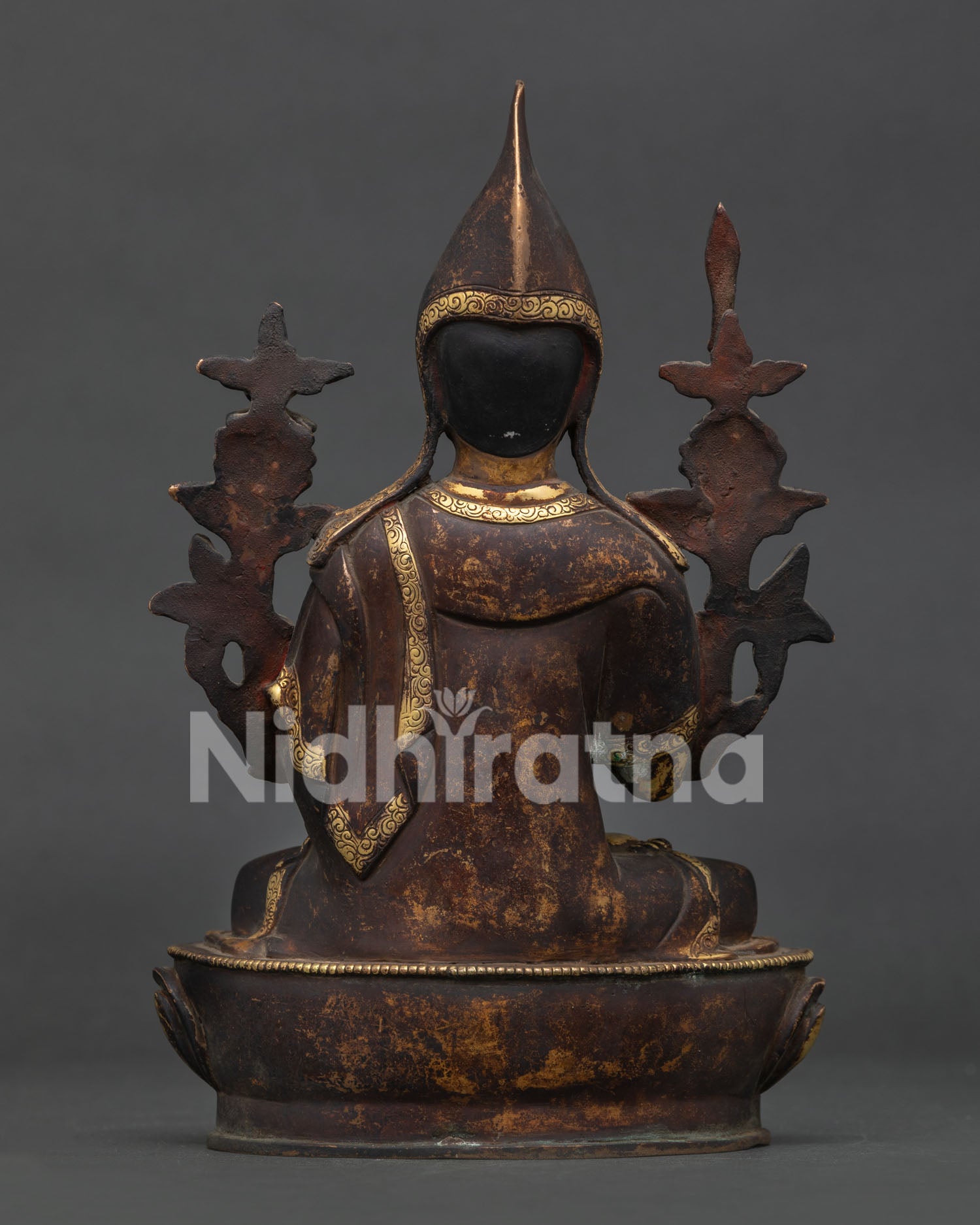 Tsongkhapa Statue Back View Gold Gilded Himalayan Buddhist Sculpture.