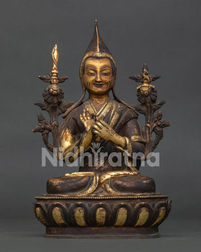 Tsongkhapa Statue Gold Gilded Antique Copper Lotus Pedestal Front View.