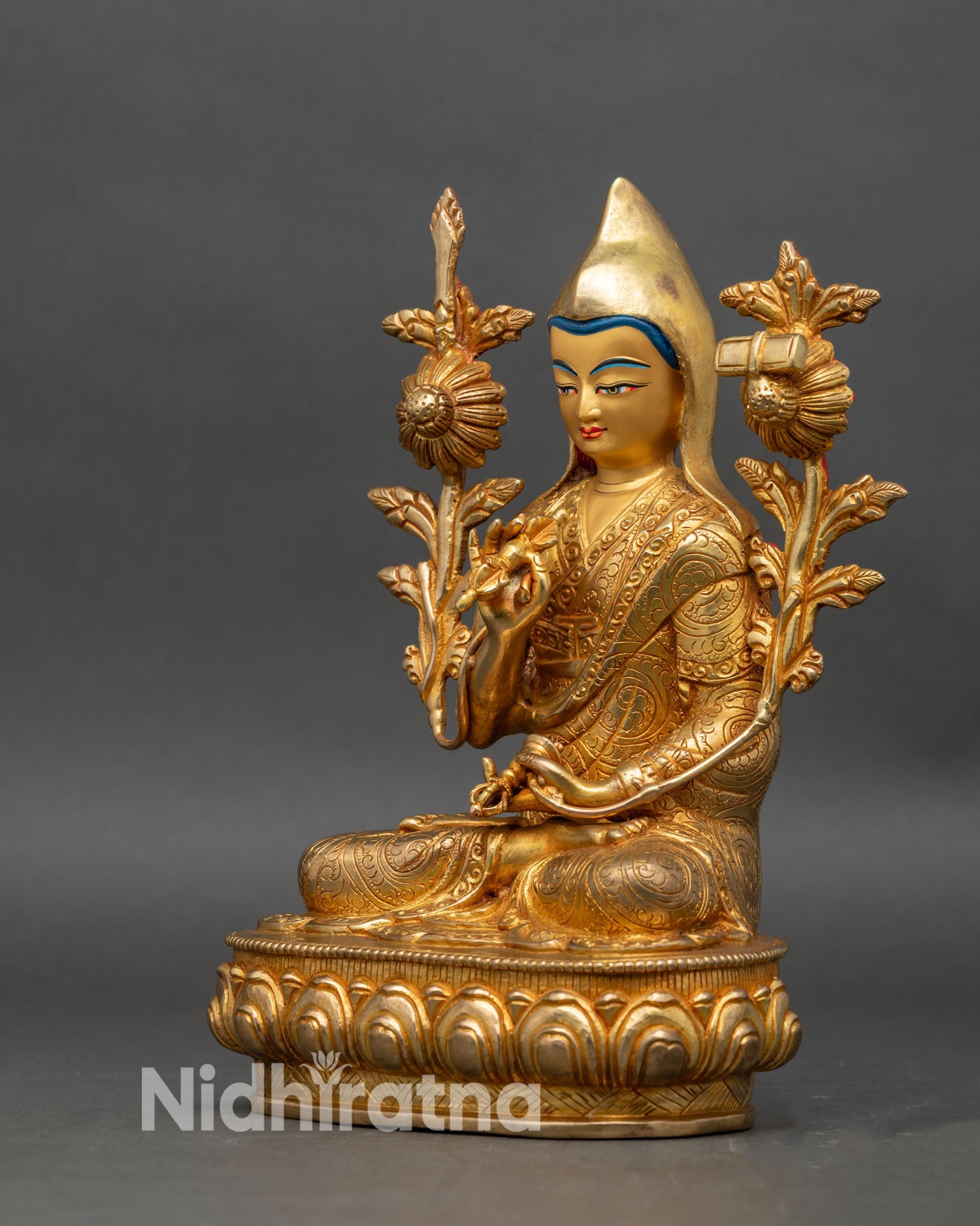 left profile of tsongkhapa statue, handmade Himalayan Buddhist copper art with gold gilding