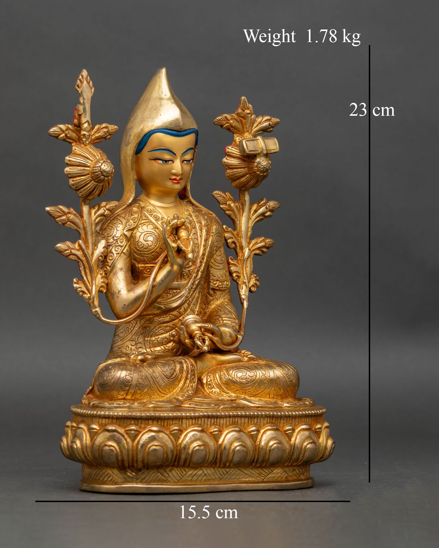 right profile of tsongkhapa statue with flaming sword of wisdom and Prajnaparamita scripture lotus