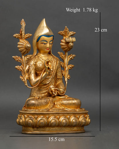right profile of tsongkhapa statue with flaming sword of wisdom and Prajnaparamita scripture lotus