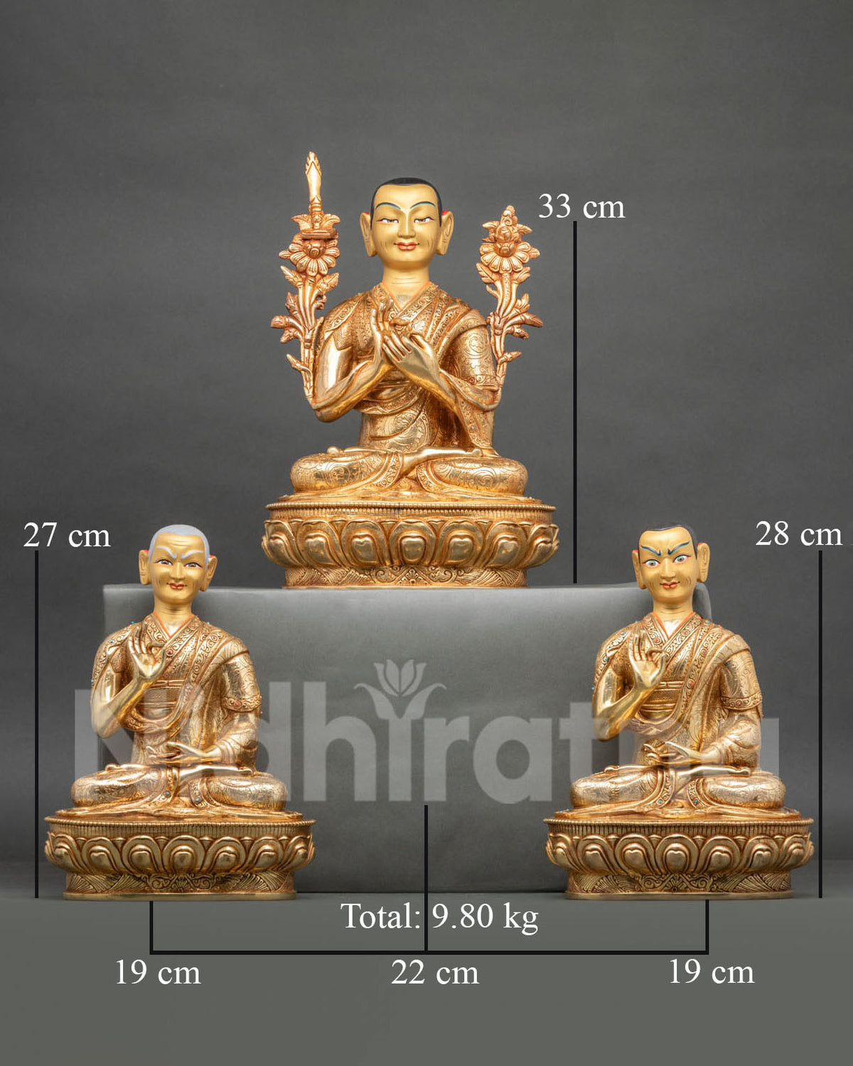 Tsongkhapa statue set handcrafted by Newari artisans from Patan, Nepal with 24K gold fire-gilding