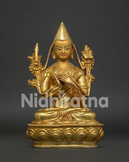 Tsongkhapa Statue Set with gold painted faces Pandita Hats and intricate Buddhist carvings