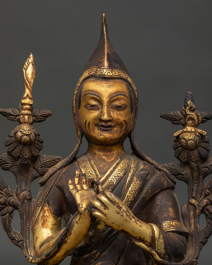 Tsongkhapa Statue Yellow Lama Hat Flaming Sword Prajnaparamita Book Close Up.