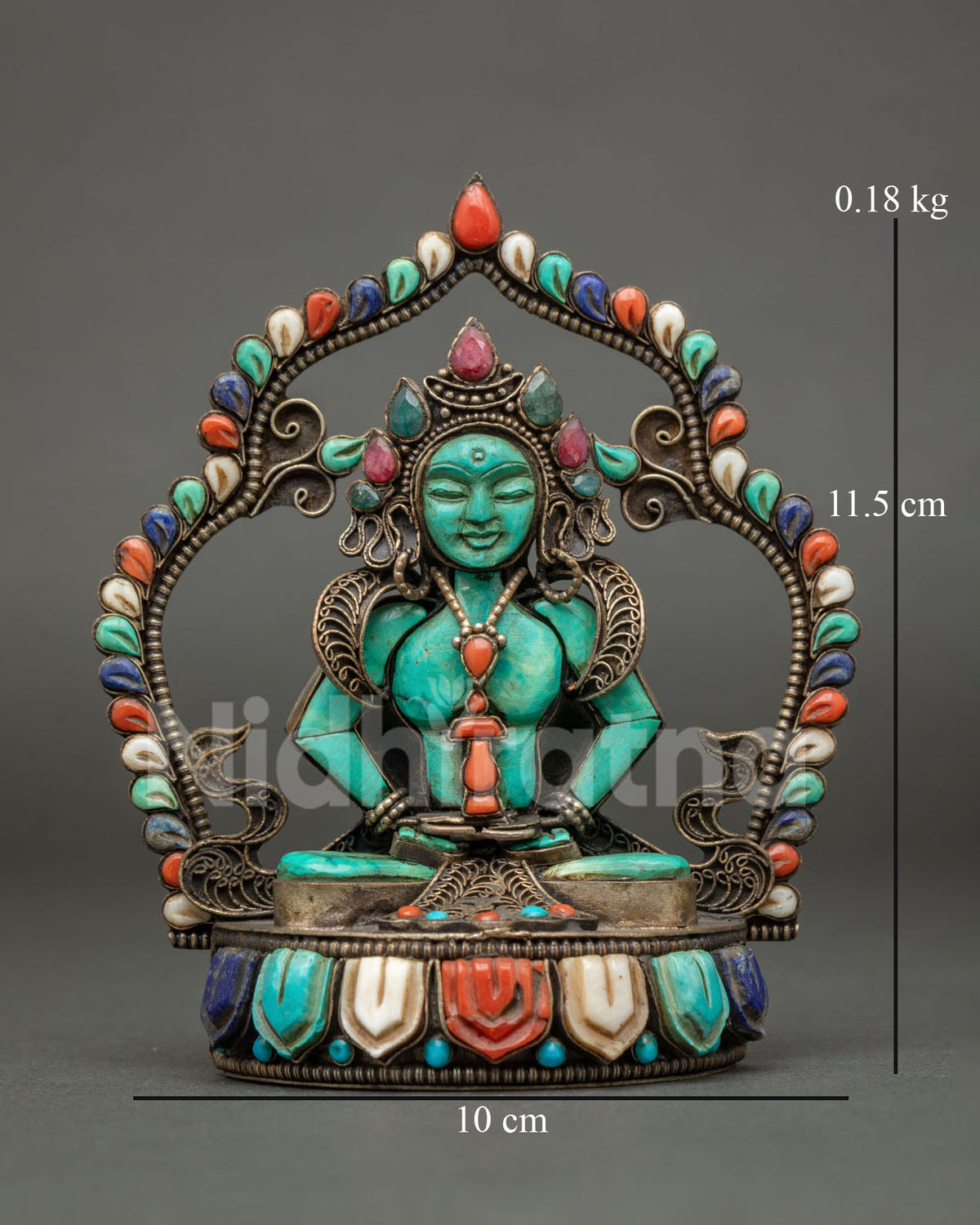 Turquoise Amitayus statue with filigree halo and gemstone-inlaid lotus base, 11.5 cm tall