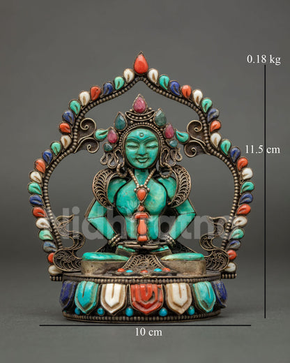 Turquoise Amitayus statue with filigree halo and gemstone-inlaid lotus base, 11.5 cm tall