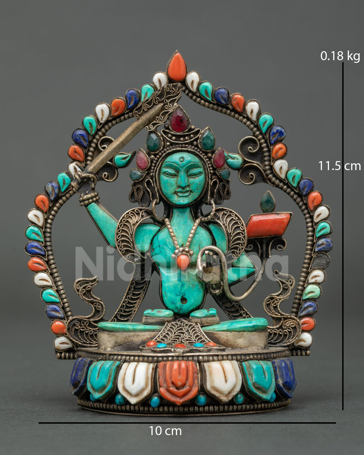 Turquoise Manjushri statue from Nepal with copper sword and filigree halo, front view