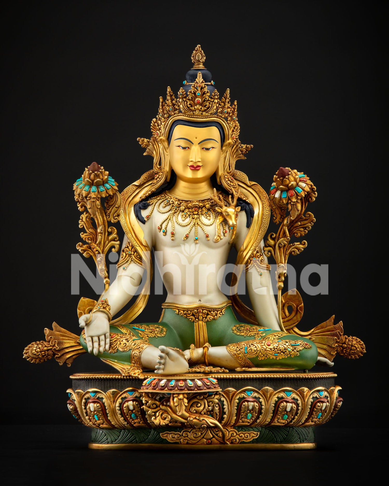 Two-Armed Chenrezig Bodhisattva Statue front view, Gold-Gilded Nepalese Buddhist Sculpture
