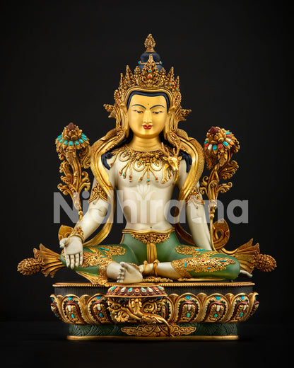 Two-Armed Chenrezig Bodhisattva Statue front view, Gold-Gilded Nepalese Buddhist Sculpture