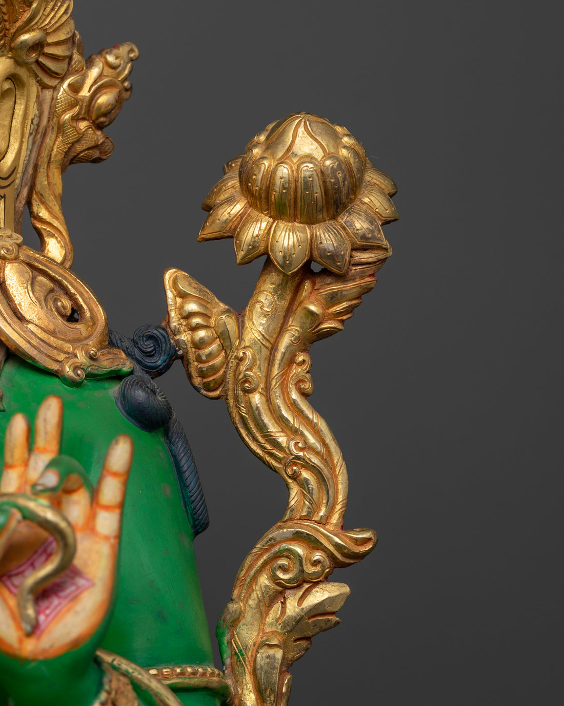 Beautifully Handcrafted Green Hue Green Tara Statue with Golden Face