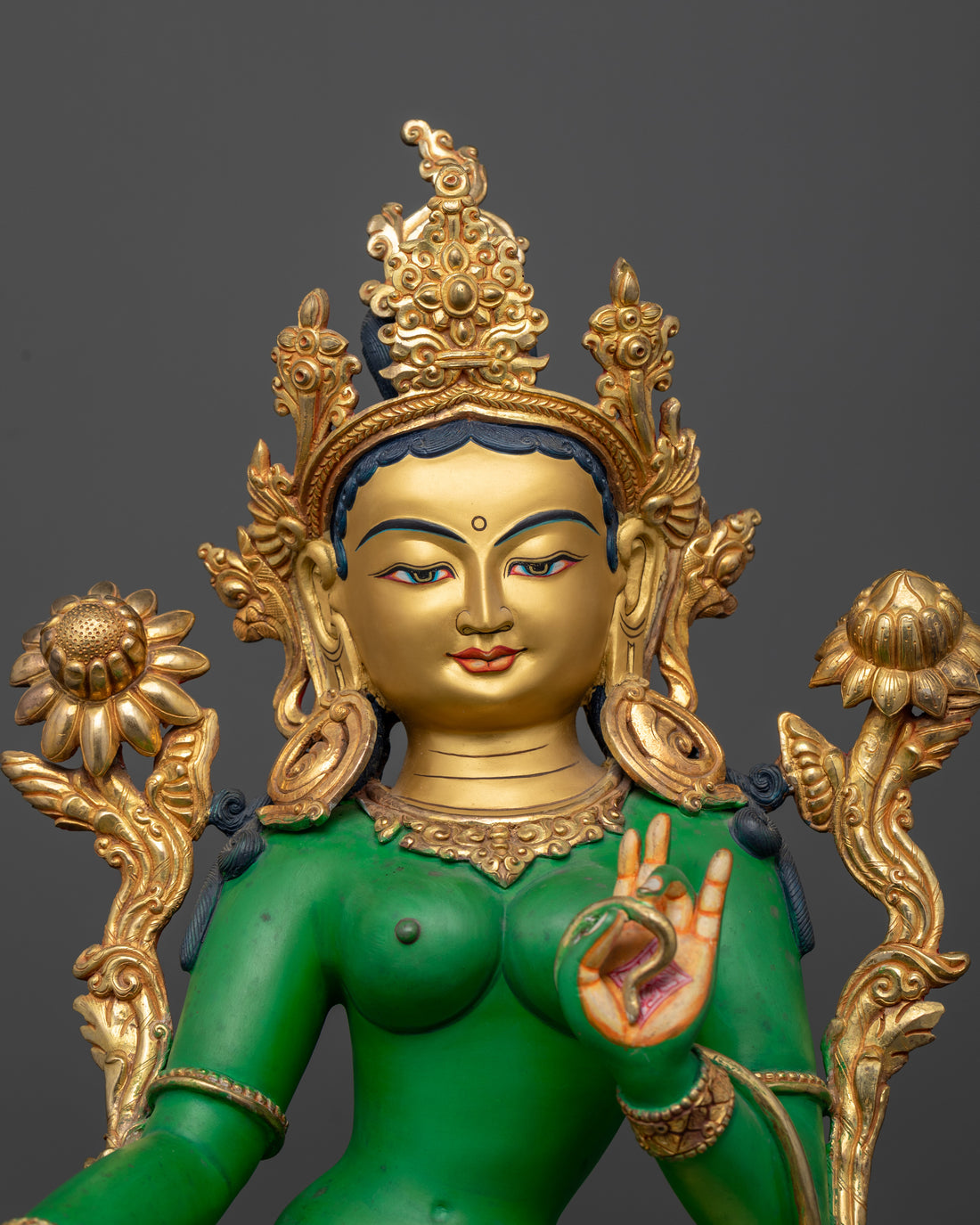 Beautifully Handcrafted Green Hue Green Tara Statue with Golden Face